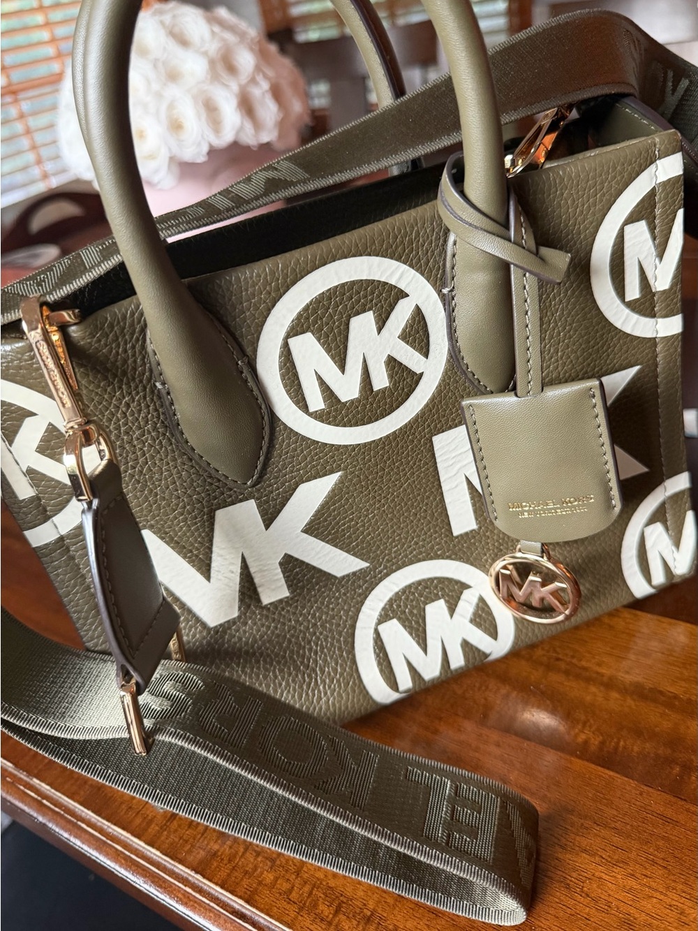 MICHAEL Michael Kors Olive Green Logo Crossbody Bag White MK Print 35T4G4FC7L